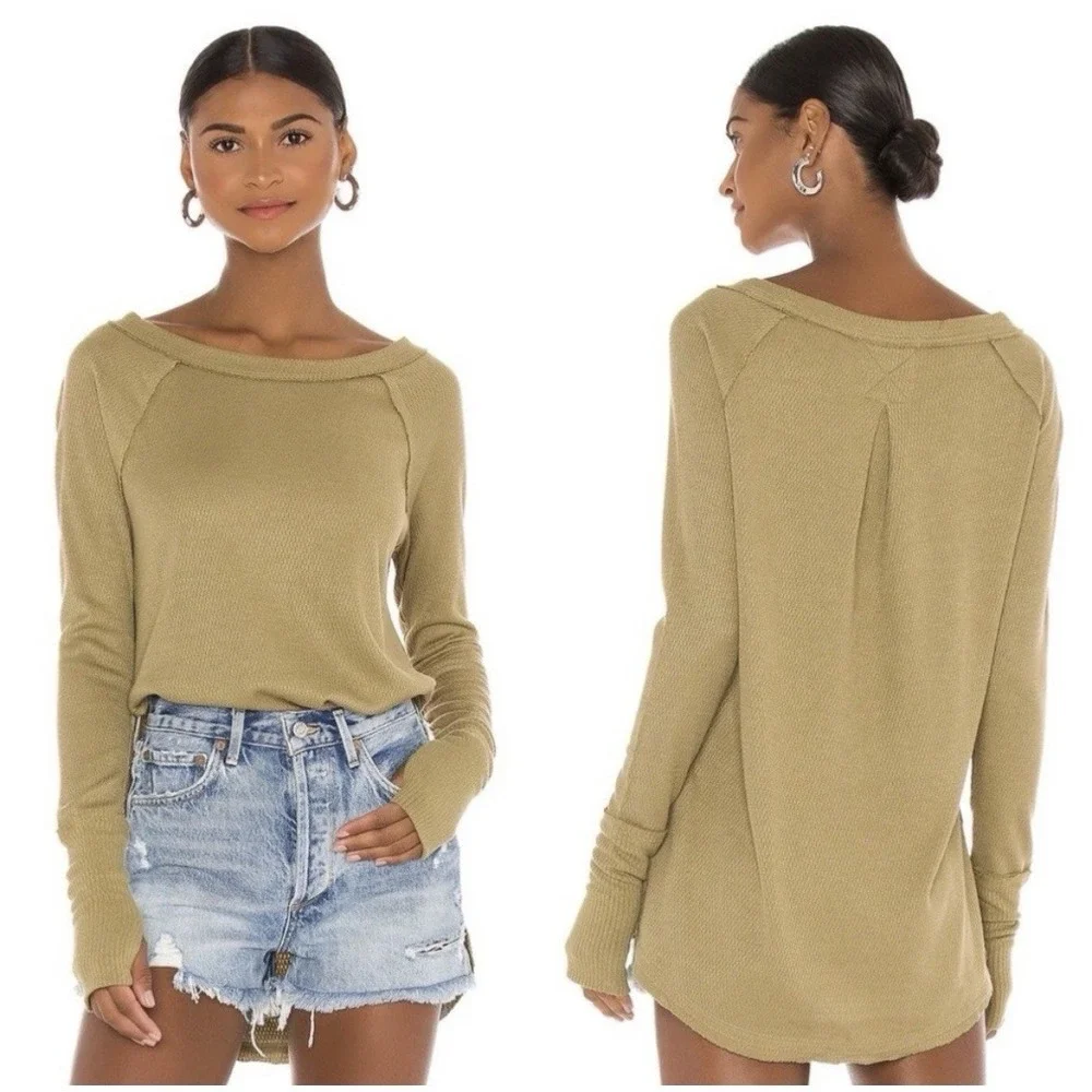 Free People Snowy Thermal Waffle Knit Thumbholes Tunic Top Olive Green Size S